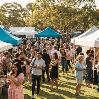 Happy diverse community members enjoying a local festival outdoors in Hopetoun