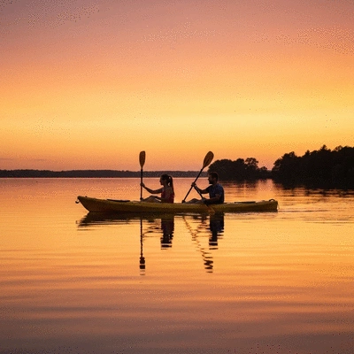 A couple kayaking on Lake Lascelles during sunset