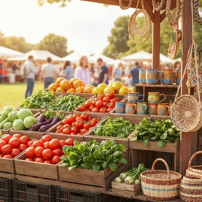 Colorful local community market stall with crafts and produce