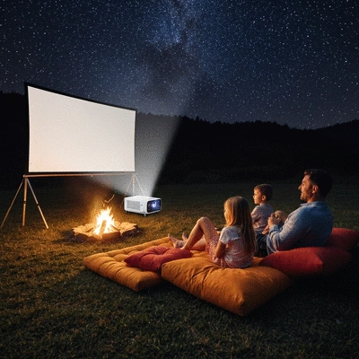 Family enjoying an outdoor cinema experience under a starry sky, cozy atmosphere, no text, no words, no typography, clean image