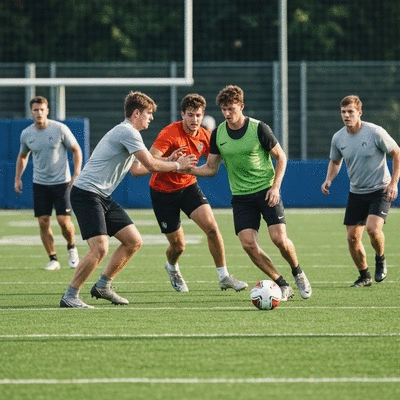 Football players training on a lush green field