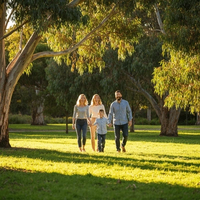 Happy family walking together in a lush green park in Victoria