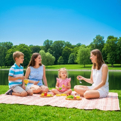Family enjoying a picnic by Lake Lascelles, laughing and relaxing
