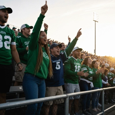 Local football community gathering at a stadium during sunset