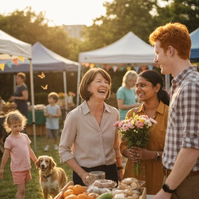 Diverse group of people happily engaging at a community outdoor market, vibrant and sunny atmosphere, no text, no words, no typography, clean image