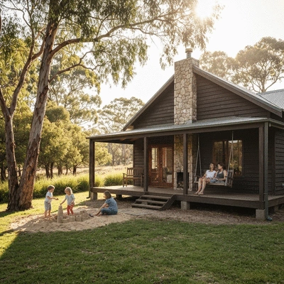 Cozy family cabin in a natural setting in Hopetoun, Victoria, with a family enjoying the outdoors