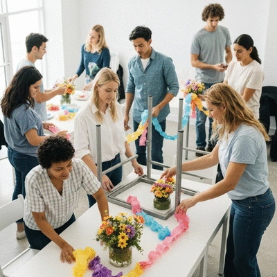 People volunteering at a community event, setting up tables and decorations