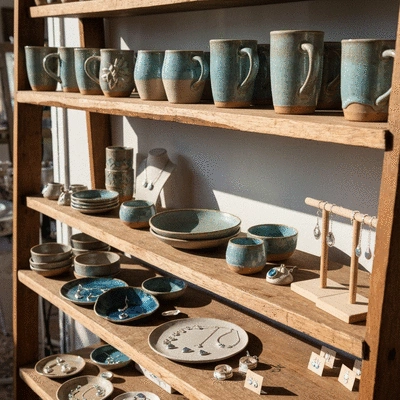 Handcrafted pottery and jewelry displayed in a rustic boutique shop