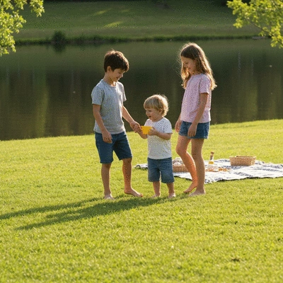 Family enjoying a sunny day at a park near Lake Lascelles