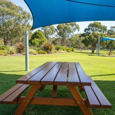 Modern picnic table under a shade sail in a sunny public park