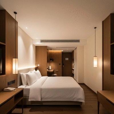 Modern cozy hotel room interior with soft lighting